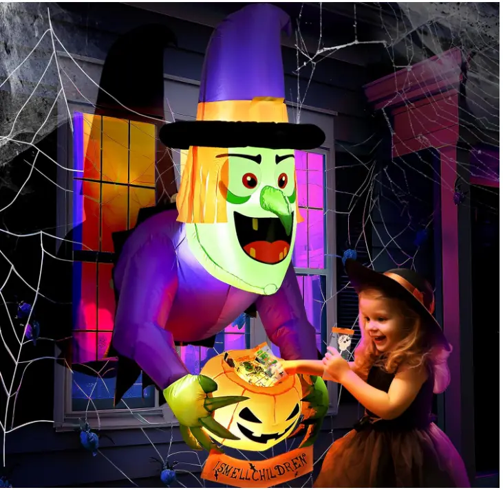 4.4 Ft Halloween Inflatable with Witch Holding Pumpkin Design, Halloween Window Decorations Outdoor Blow Up with I Smell Children Banner, Build-in LED Halloween Decor Indoor Outside Yard Garden Lawn