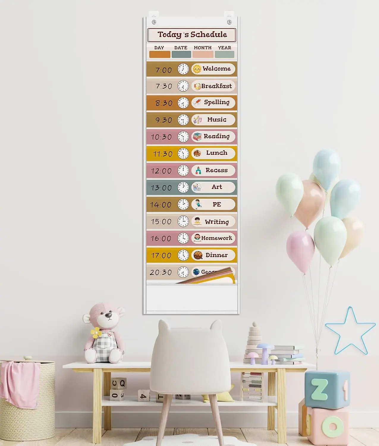 Boho White Hanging Pocket Chart (39.7in x13in) with 15+1 Pockets, 24 Double-Sided Reusable Cards, Preschool Learning Tool, Classroom Decoration, Home Planner Office Stationery, Classroom Office Decor, School Schedules