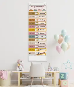 Daily Schedule Pocket Chart 15+1 Pockets Boho White 39.7" x 13" with 24 Double Sided Reusable Cards for Classroom Home Preschool Use things planner