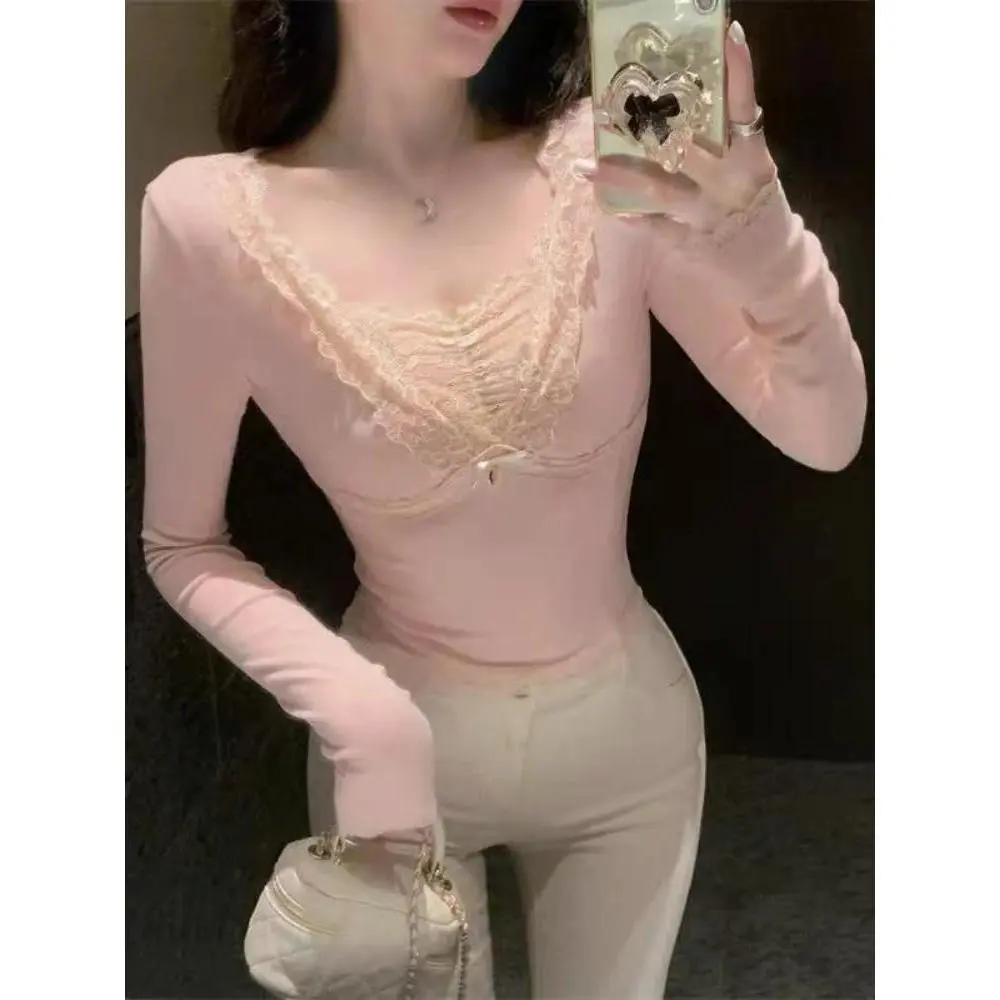 Pink V-neck Lace Edge Spliced Base Shirt Women Autumn Winter Inner Wear Elegant Fit Tops Harajuku Sweet Bow Casual Soft Clothes