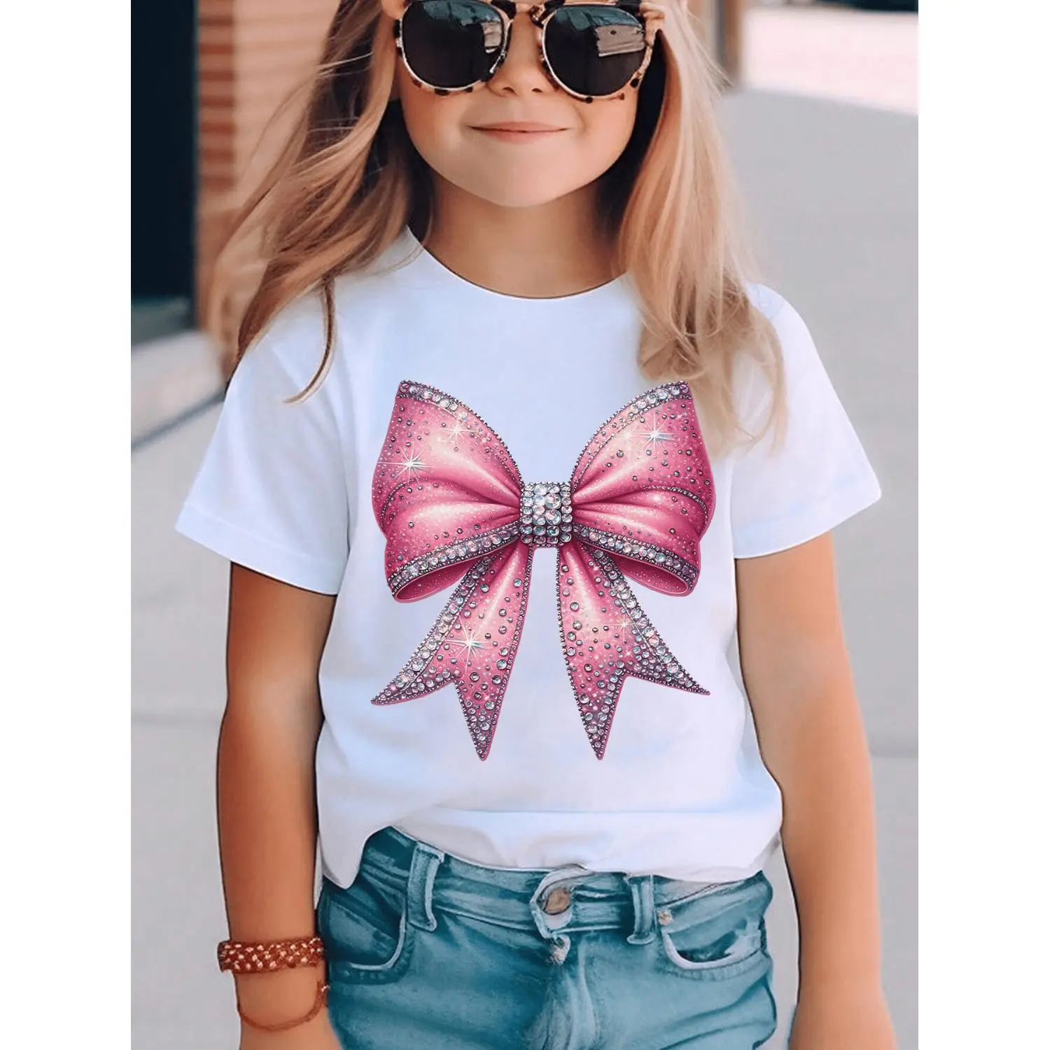 Girls' Chic Summer Short-Sleeve Fashion T Shirt - Cute Shirts with Pink Bow Design, Casual Versatile Kids' Top