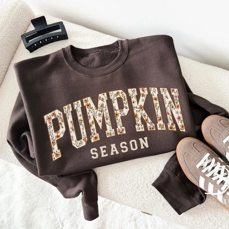 Pumpkin Season Sweatshirt, Preppy Floral Varsity Fall Sweatshirt, Cozy Autumn Crewneck, Trendy Fall Sweatshirt, Pumpkin Patch Sweatshirt