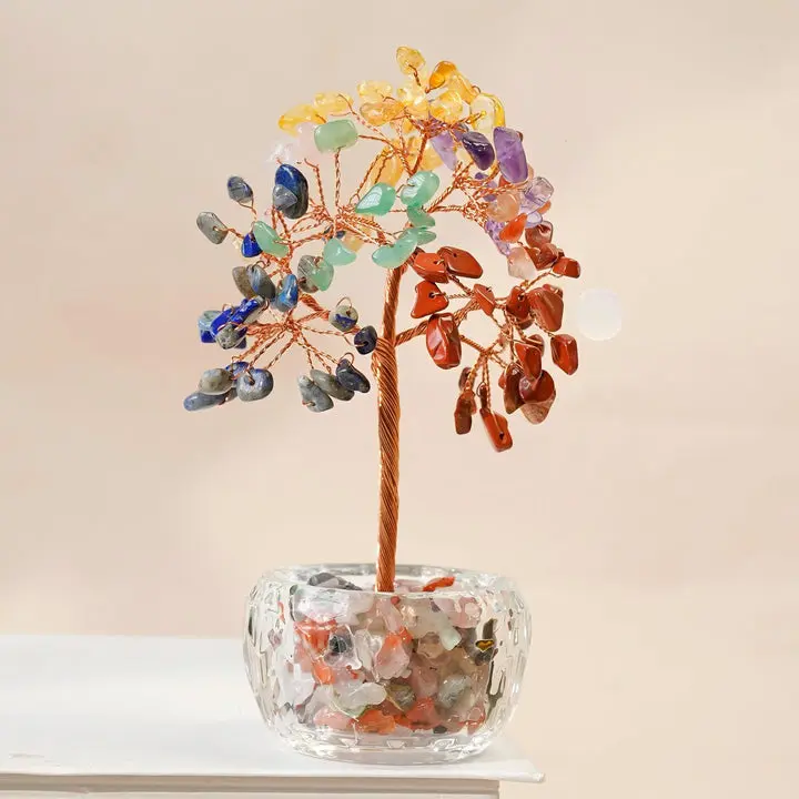 Natural Crystal Money Tree Figurine - Rose Quartz, Amethyst, Citrine Gemstone Fortune Ornament, Lucky Gift for Graduations, Shelf Display Collectible