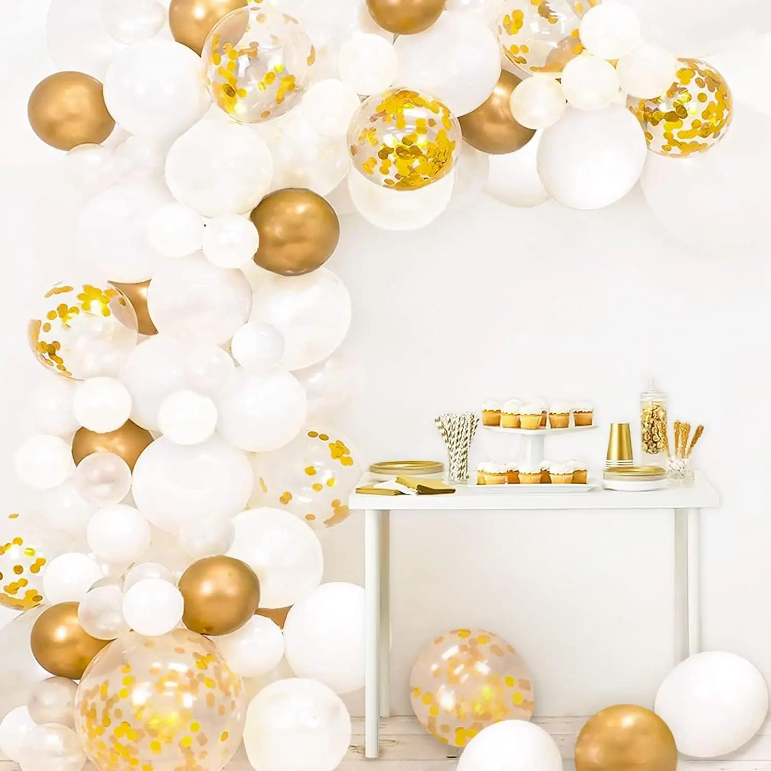Thick Metallic White Gold Balloon Arch & Garland Kit - 108pcs with 5in, 10in, 12in Confetti Balloons for Birthday, Wedding Party Decorations, Balloon Decor