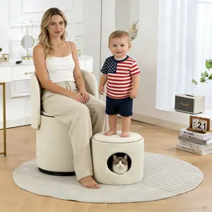 360 °   Swivel Upholstered Barrel Chair with Built-in Storage – Soft Padded Accent Seat for Bedroom, Vanity, Dining Room – Multi-Functional Stool & Free Cat Bed Included ​ 2