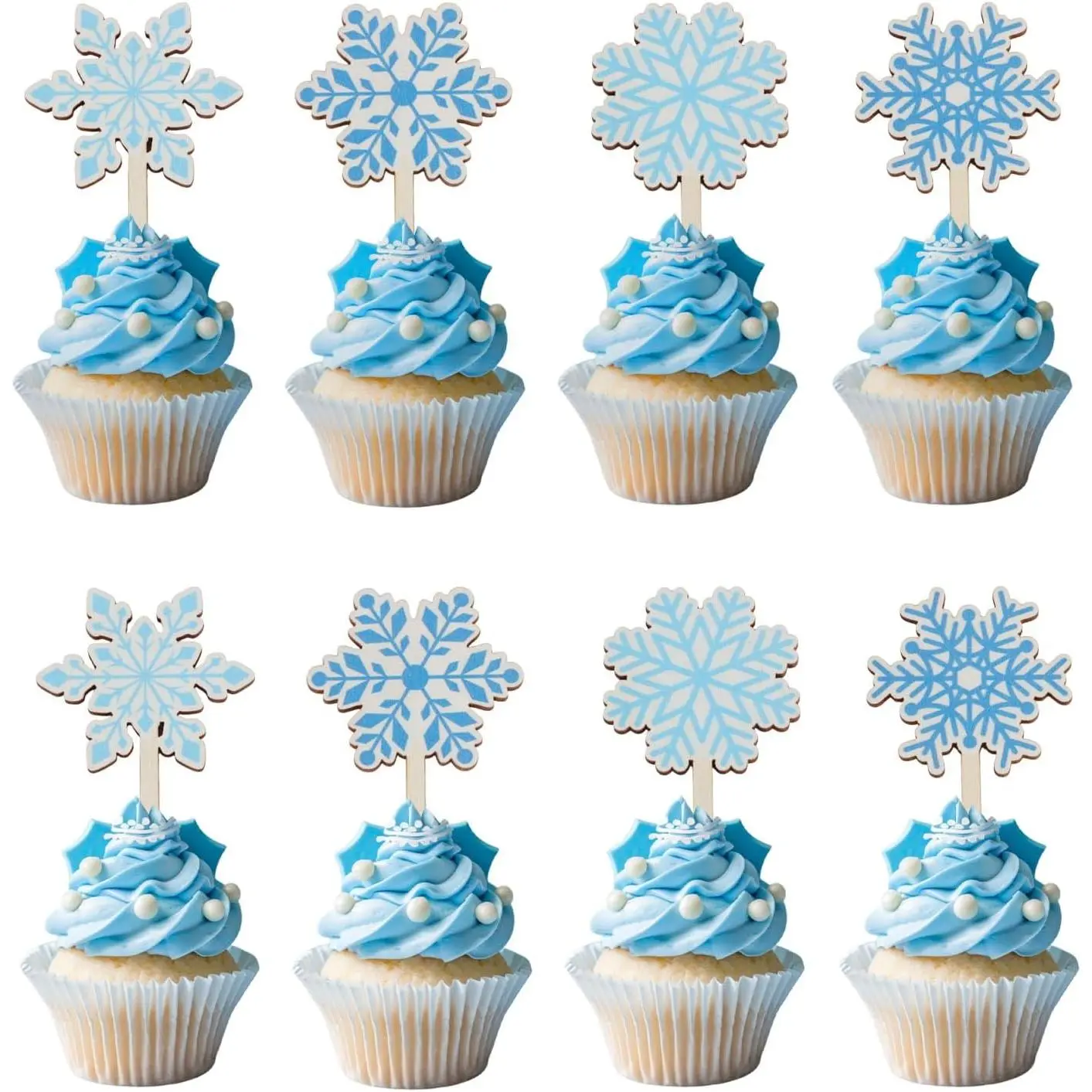 1Set Winter Snowflake Birthday Baby Shower Wooden Cupcake Toppers 16Pcs Christmas New Year Wedding CupcakeDesserts Picks Blue Winter Party Decorations Supplies Favors