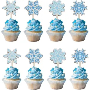 1Set Winter Snowflake Birthday Baby Shower Wooden Cupcake Toppers 16Pcs Christmas New Year Wedding CupcakeDesserts Picks Blue Winter Party Decorations Supplies Favors