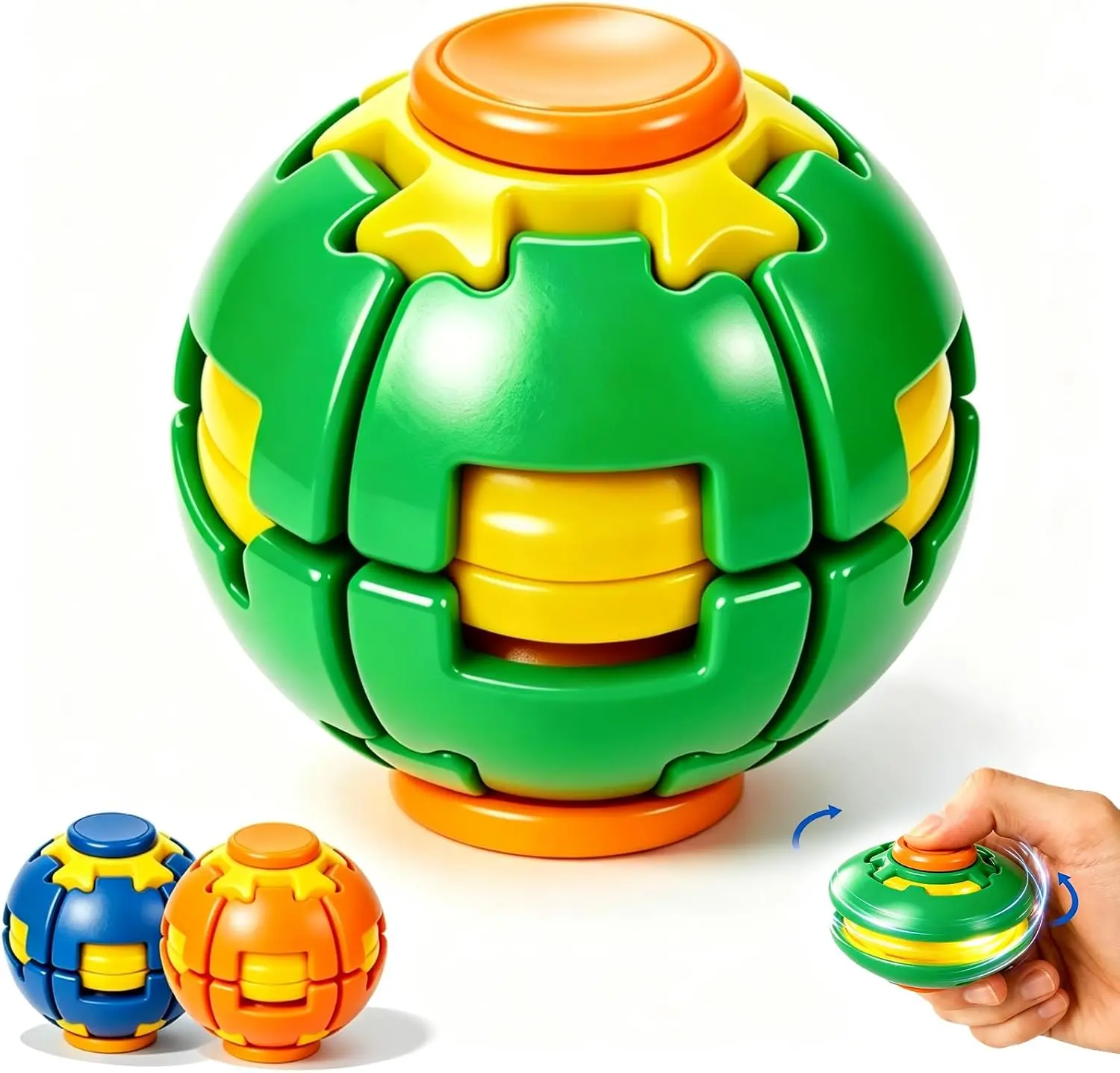 3D Printed Press-to-Spin Fidget Ball - Quiet 360° Rotation Sensory Toy, Portable Stress Relief Desk Spinner for Adults with ADHD Anxiety (Green)