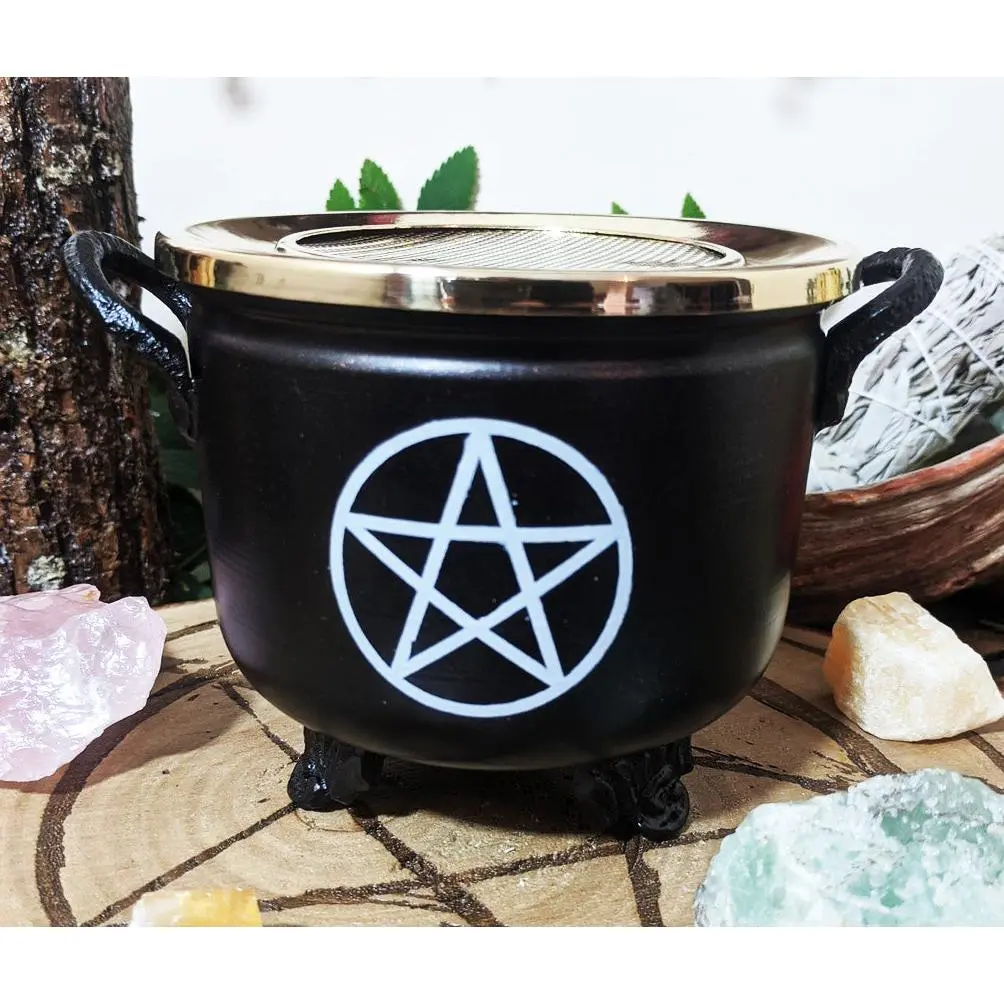 Brass Grated Tray Occult Wicca Pentagram Star In Circle Cauldron Incense Burner
