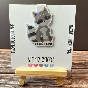 Simply Goode I Read Trash Raccoon Magnetic Bookmark - Holographic Design for Romance & Fantasy Fans - Durable Heavy Cardstock with Adhesive Dots & Strong Magnets - Perfect for Any Book Lover