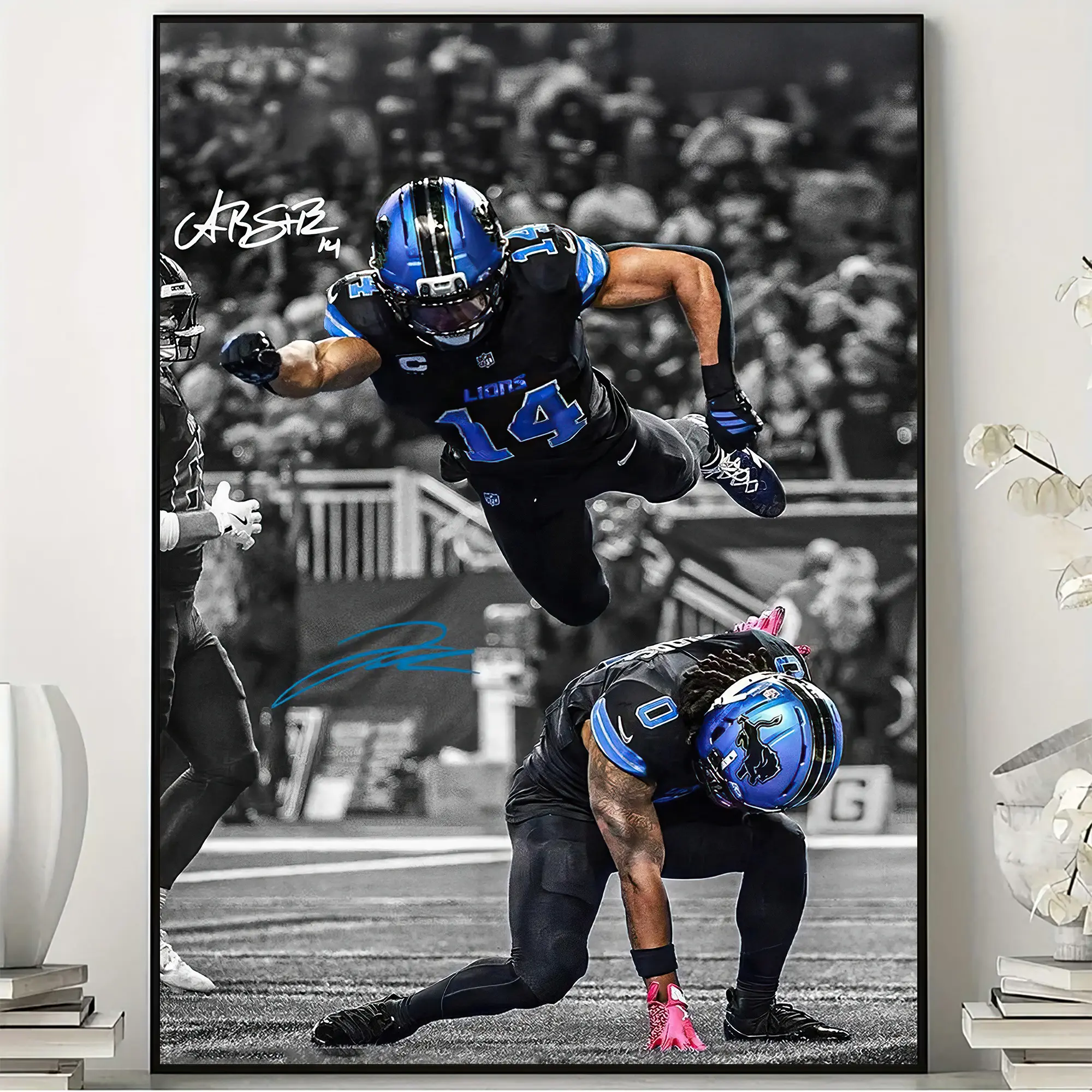 Detroit Lions Art Print Poster, Jahmyr Gibbs & Amon-Ra St. Brown Wall Art, Detroit Football Fan Gift, Game Day Sports Room Decor
