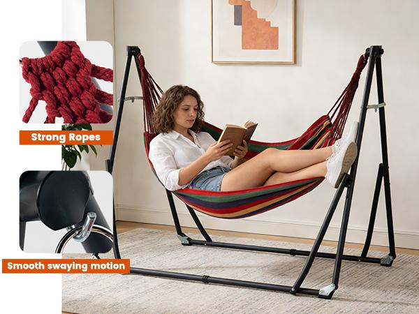 Soges 2-in-1 Convertible Hammock Chair Set, 440LBS Heavy Duty Steel Stand, Foldable Portable Outdoor Two People Hanging Swing Bed, Includes 3 Carry Bags (2 Cloth + 1 Oxford Stand Bag),  for Outdoor Yard Camping, Colorful Striped