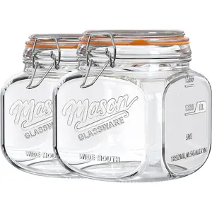 2 Pack Half Gallon Mason Jar with Hinged Lid, Wide Mouth Glass Canisters for  Storage, Cookie, Flour, Candy, Coffee, Pickle - 64 Oz Glass Jar with Lid - 2 Scale Marks &  Mason Jars