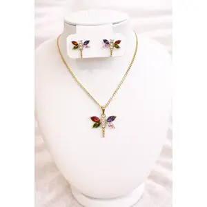 14K Gold Plated Multi-Color CZ Dragonfly Necklace & Earring Set