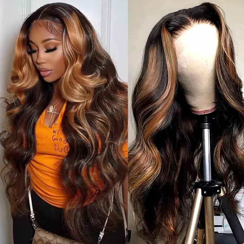 ALIGLOSSY 13x6 1B/30 Balayage Highlight Body Wave Lace Front Wigs HD Transparent Wavy Lace Frontal Human Hair Wigs for Women