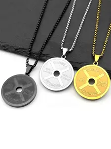 Vintage Punk Barbell Plates 45 LB Dumbbell Pendant Necklace for Women Men Stainless Steel Gold Color Fitness Gym Sports