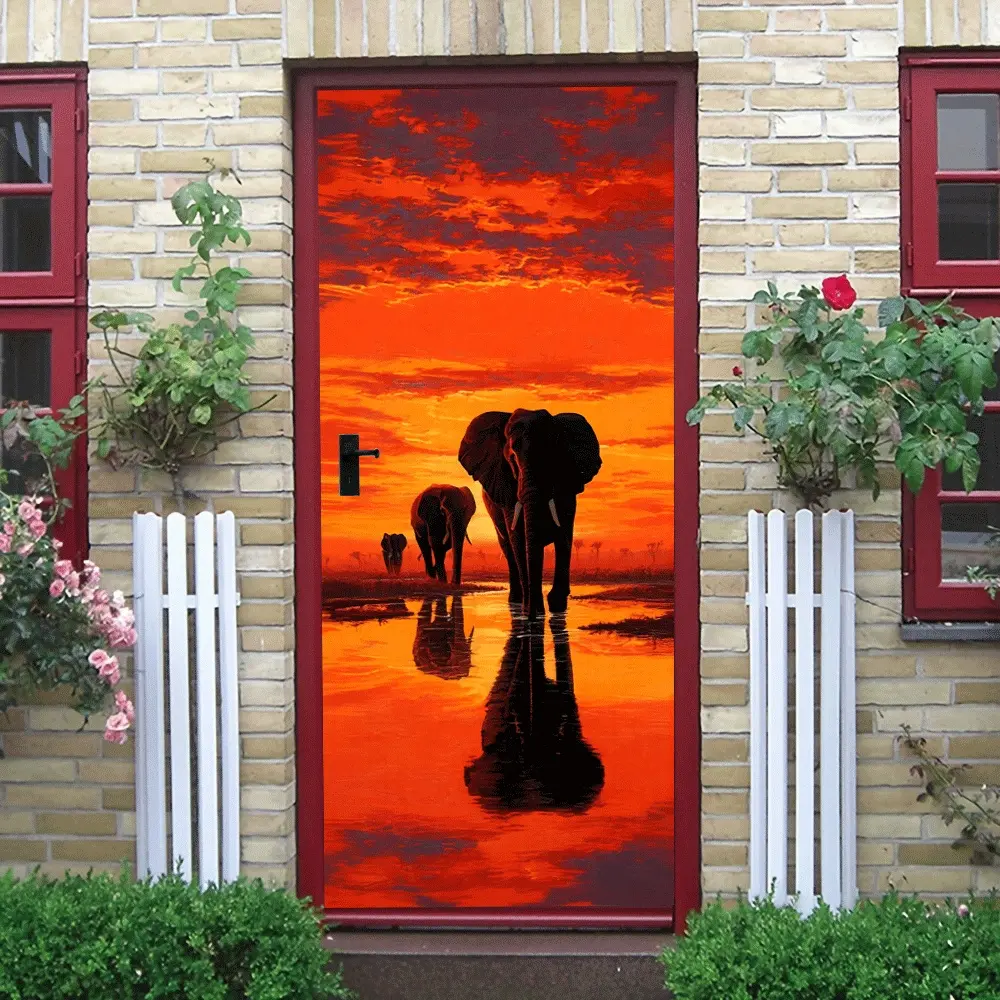 2pcs African Savanna Sunset Elephant Herd Wall Sticker Living Room Bedroom Decorative Decal Self-Adhesive Removable Animal Landscape Mural Home Art Background Wall