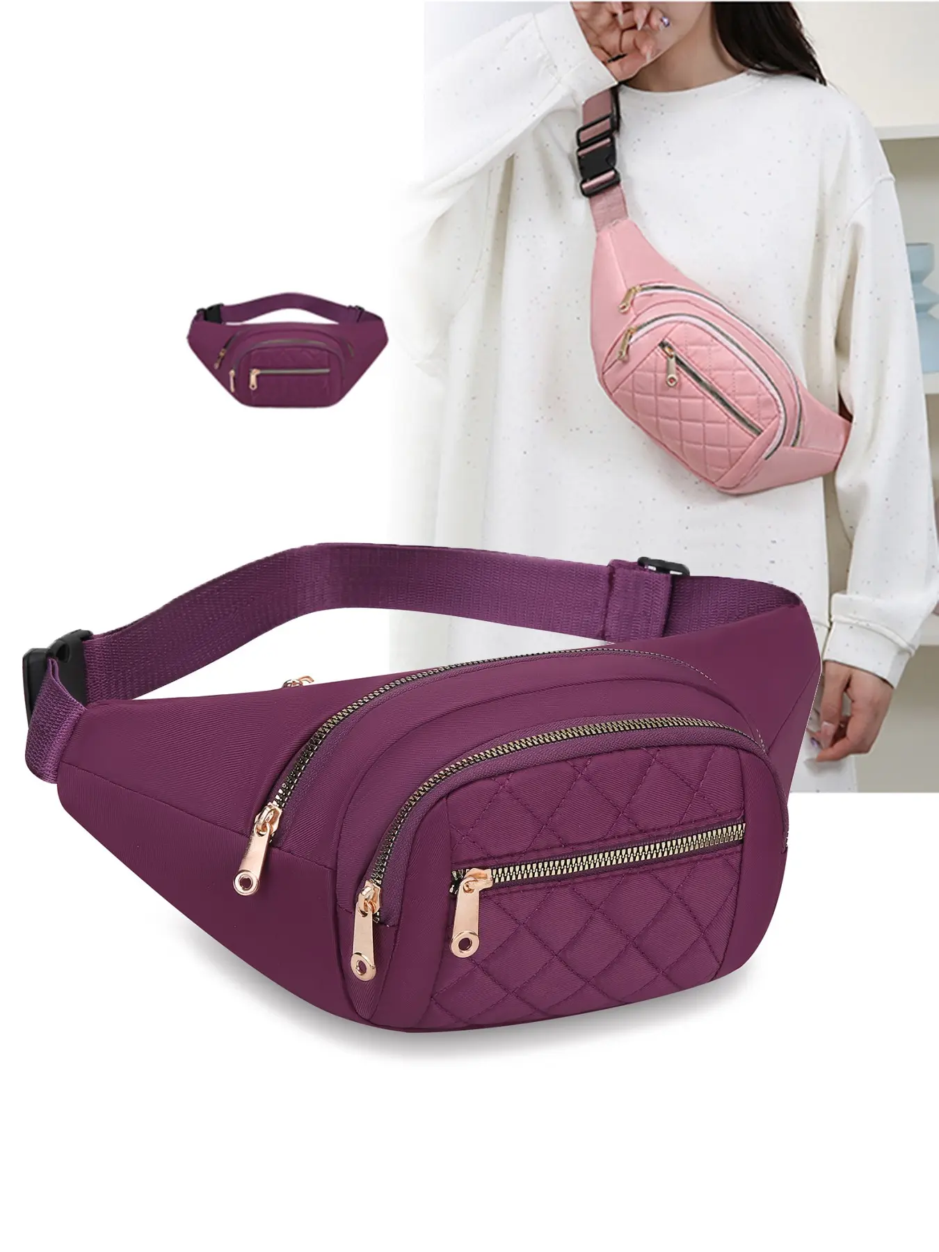Solid color casual versatile crossbody bag, practical and simple texture quilted Waist Pack, Portable waist bag, multi zipper pocket design, adjustable shoulder strap, suitable for daily commuting, shopping, walking