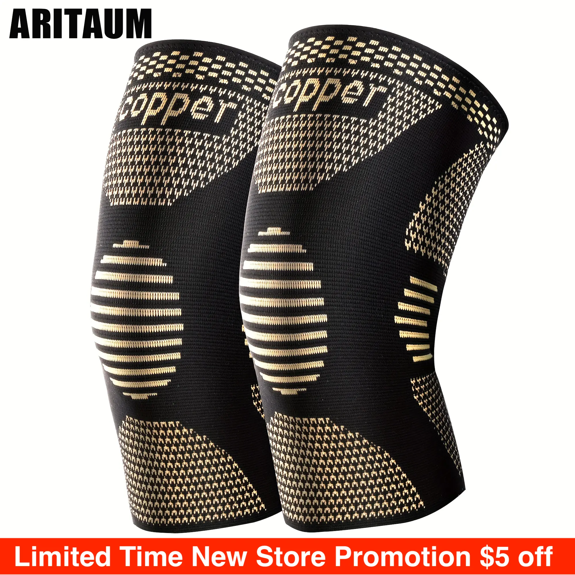 ARITAUM Copper Compression Knee Brace for Women & Men 2 Pack Running Knee Protection Support Sleeve for Workouts Sports Black Gold Design