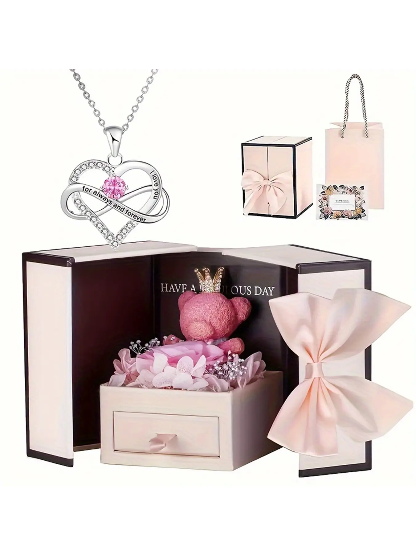 Heart Pendant Love Knot Necklace Set with Bear Rose Gift Box, Engraved 'i Love You Forever', Fashion Jewelry for Women, Holiday Gifts