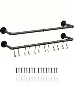 Set of 2 Wall Mounted Industrial Iron Pipe Clothes Rack, Heavy Duty Garment Hanging Rail, Multi-Purpose Storage Rod for Closet Laundry Room