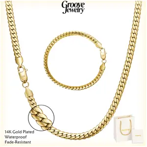 14K Gold Plated Miami Cuban Link Necklace & Bracelet Set – 6mm/8mm, 20”/24”, Shiny Layering Jewelry for Men & Women – Gift Ready, Stackable & Personalized Style Gold-Plated Stainless Steel Chain hip hop