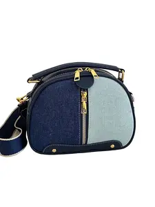 Women's Denim Patchwork Round Bag, Vintage Colorblock Handbag, Adjustable Strap Crossbody Shoulder Bag, Fashionable Mini Backpack