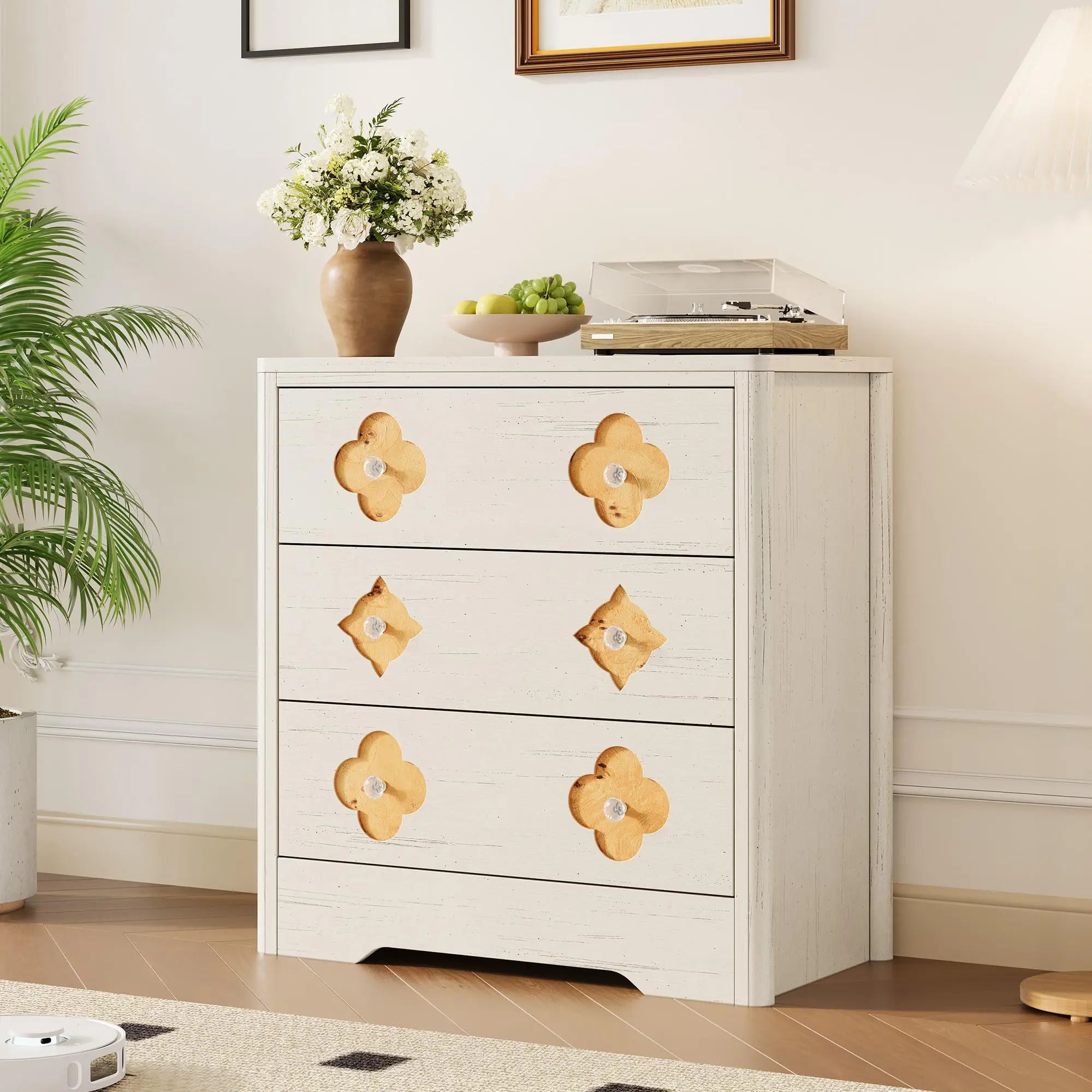Garvee bedroom chest of drawers with 3 drawers, bedside table with openwork front featuring floral pattern and crystal handles, elegant storage furniture for bedroom, living room, 80 x 40 x 77 cm