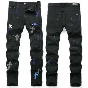 European and American high street black cross badge rhinestone jeans men's slim fit casual pants