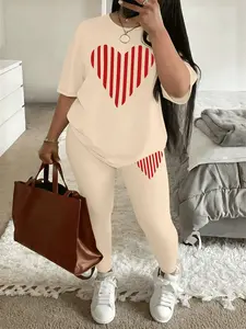 Printed pattern Women's Tee & Skinny Pants Two-Piece Set, Casual Fashion Style Cozy Round Neck Short Sleeve T-Shirt & Trousers for Daily Outdoor Wear, Ladies Spring Summer Clothes, Womenswear