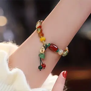 A New Style Chinese Colorful Bead Bracelet, Suitable for Daily Wear by Both Men And Women, Featuring a Lotus Pod And a Charm Pendant, with a Vintage Ethnic Design