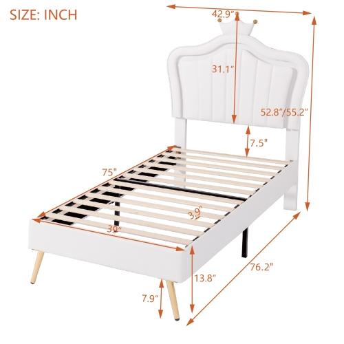 【Bellemave】Twin Size Upholstered Bed Frame with LED Lights,Modern Upholstered Princess Bed With Crown Headboard,White