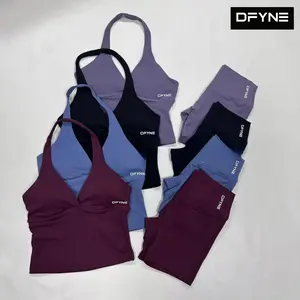 DFYNE Women’s Halter Workout Set V Neck Sports Tank & High Waist Gym Shorts
