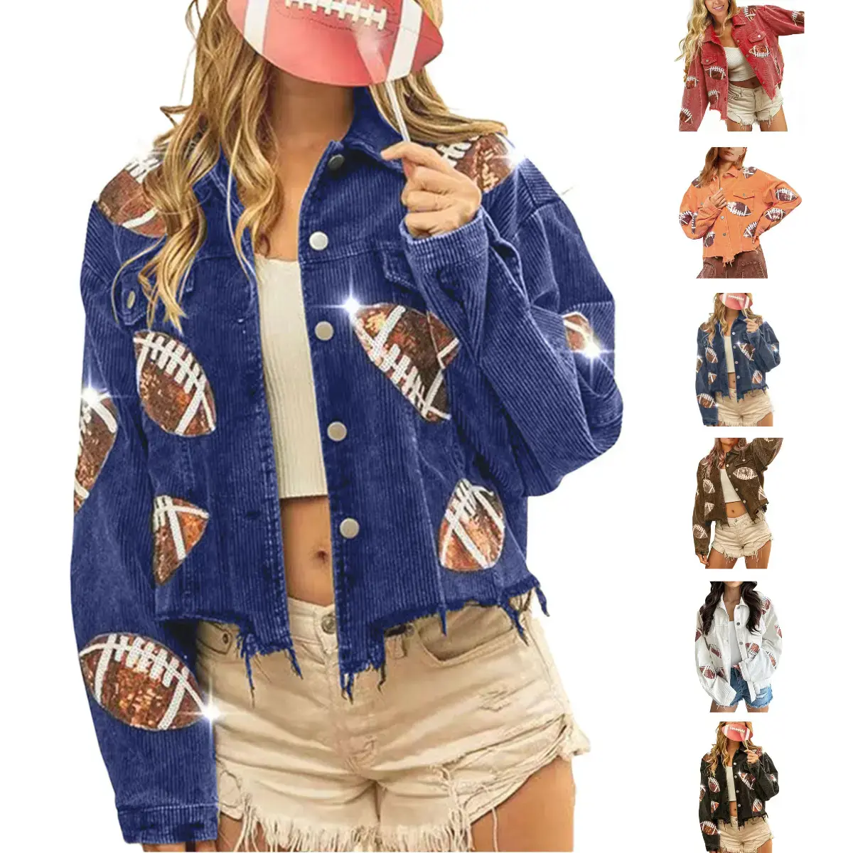 Mundoven Football Sequin Embroidery Rugby Cropped Frayed HemVintage Washed Corduroy Jacket Coat Shacket for Women