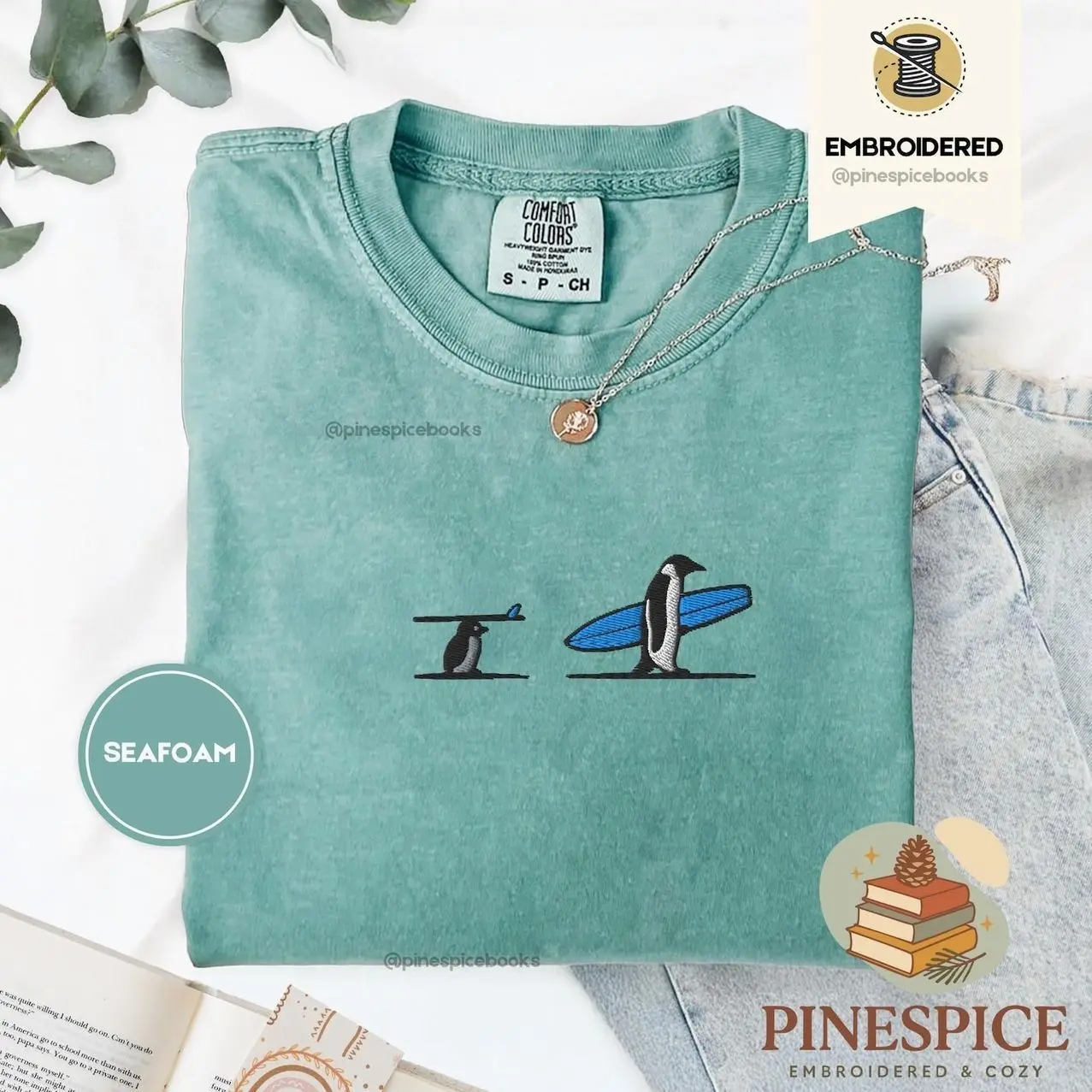 Penguins Surfing Shirt, Cute Embroidered Penguin Tee, Vintage 1717 1