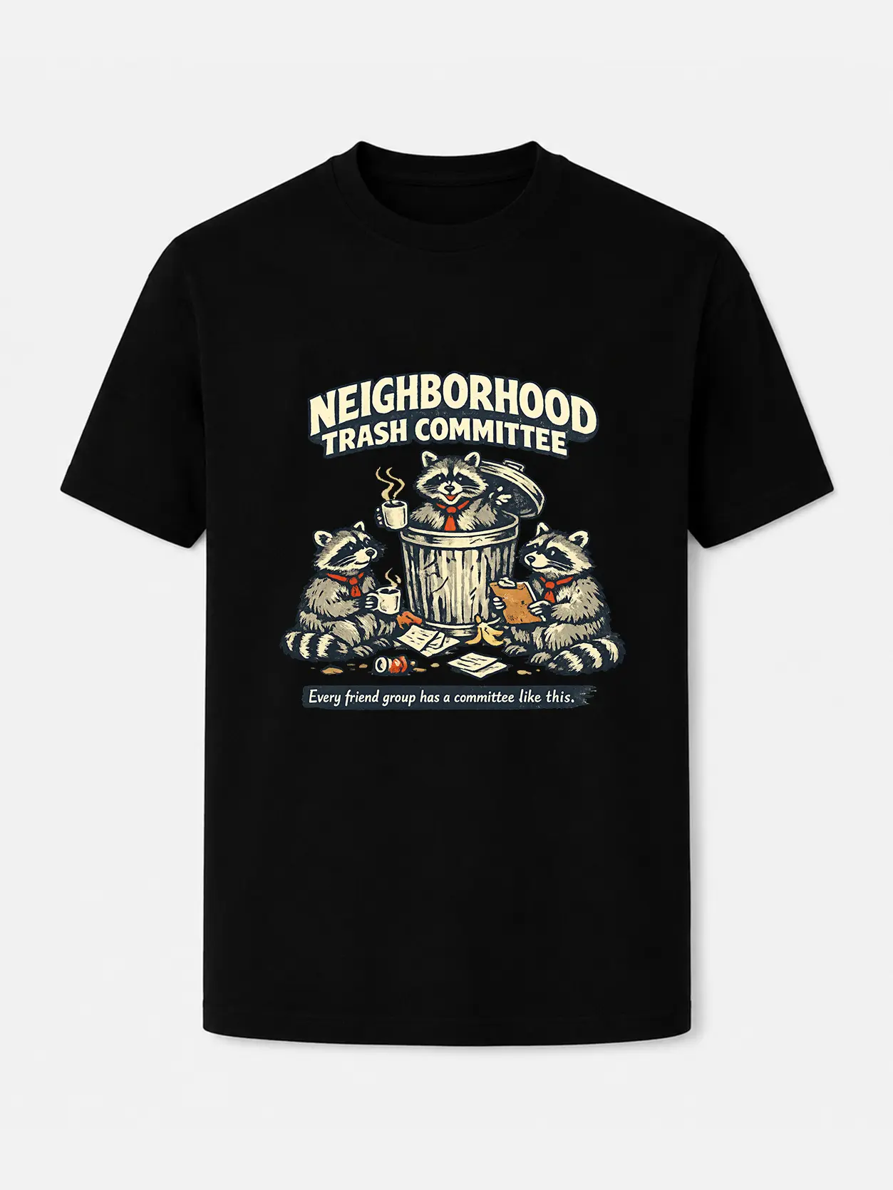 Neighborhood Trash Committee Graphic Tee, Funny Raccoon T Shirt, Trash Panda Friend Group Humor, Vintage Animal Illustration, Unisex Casual Short Sleeve Crew Neck Tee, Black or White