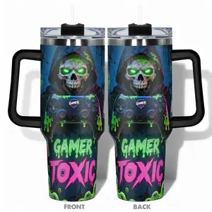1pc 40oz/30oz/22oz/20oz/14ozCup Stainless Steel Tumbler With Gamer Toxic Skull Design, Leakproof, Portable, Large Capacity, Needed for Gym, Hiking, Travel Ideal Birthday Christmas Gift Perfect Gift