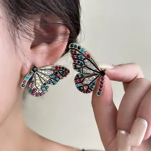 Women's Vintage Colorful Rhinestone Butterfly Earrings - Shiny Metallic Dangle Studs, Lightweight Statement Costume Jewelry, All-Match Ear Accessory for Parties, Daily Styling, Earring for Women