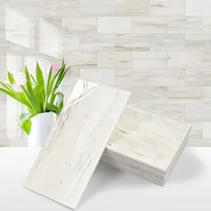 4- Glossy Wooden Marble Grain Peel and Stick Backsplash ,3''x6'' PVC Subway  with White Grout, Stick  Backsplash for Kitchen/Bathroom/Fireplace