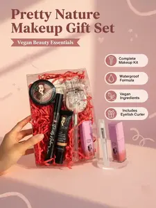 PRETTY NATURE BY JOYCE 1 Set Makeup Gift Box with 1 Concealer Corrector 1 Lip and Cheek Balm 1 Waterproof Eye Lash Vegan gift 1 Lip Oil 1 Eye Curl and 1 Lip Brush