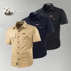 3 Pack Men's 100% Cotton Short Sleeve Cargo Shirts, High Density Wind Resistant Durable Work Shirts with Chest Pockets, Loose Fit 3D Tailored Casual Tops for Hiking Fishing Camping Daily Wear