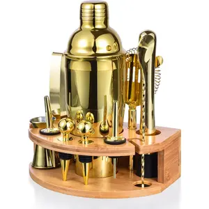 Bartender Kit with Stylish Bamboo Stand, 12 Piece 25oz Cocktail Shaker Set for Mixed Drink, Stainless Bar Tool Set, Gift for Man Dad- Cocktail Recipes Booklet (Gold)