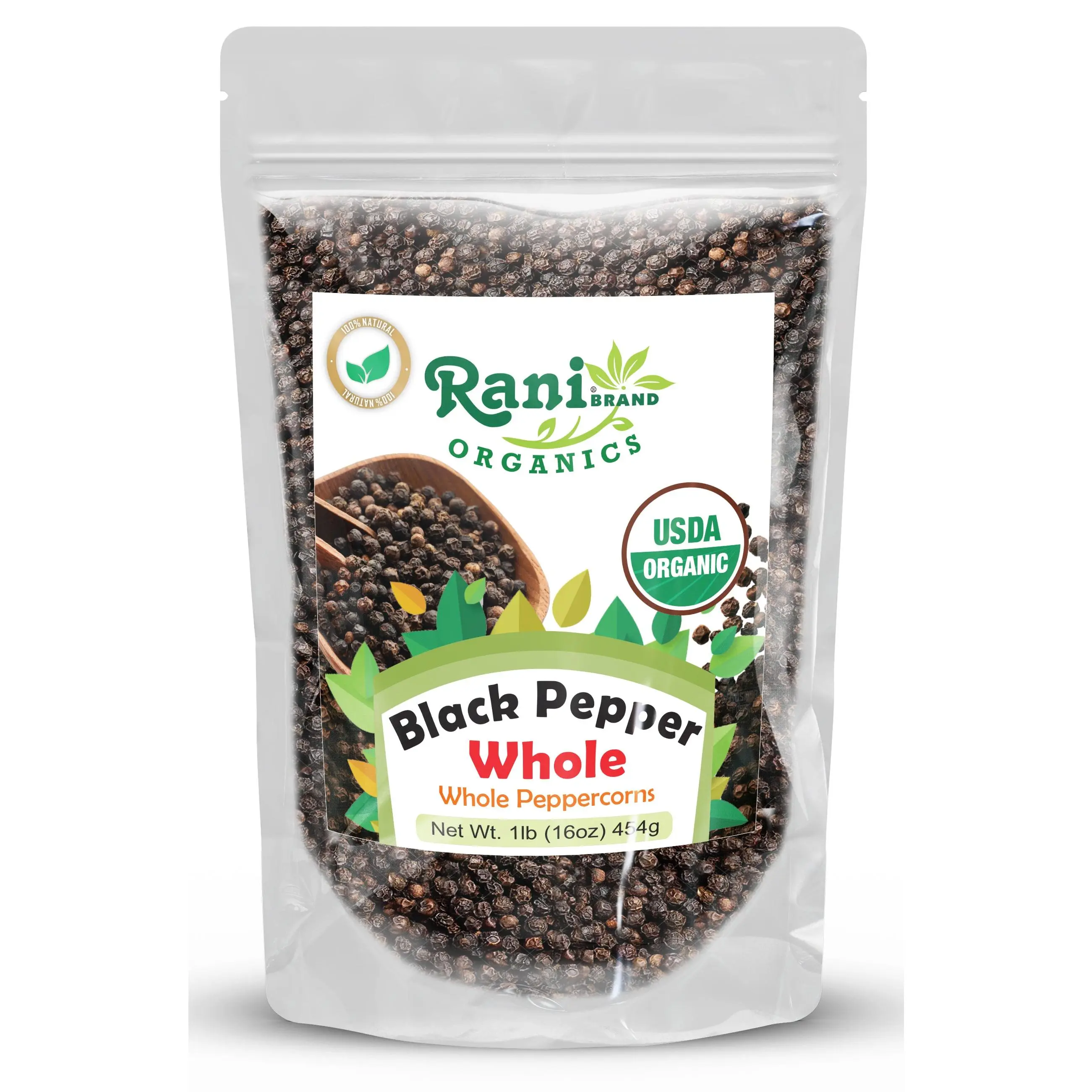 Rani Organic Black Pepper Whole (Peppercorns), Premium Indian MG-1 Grade 16oz (1lb) 454g ~ All Natural | Gluten Friendly | Non-GMO | USDA Certified Organic | Perfect Size for Grinders!