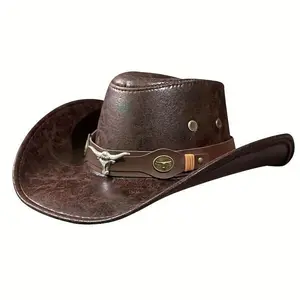 Classic Western Cowboy Hat with Bull Head Belt Buckle, Wide Brim PU Leather Jazz Hat for Sun Protection – Design for Spring, Summer, and Fall Outdoor Activities, Outdoor Headwear |   Cowboy Hat |   PU Leather Hat, Cowboy Accessories