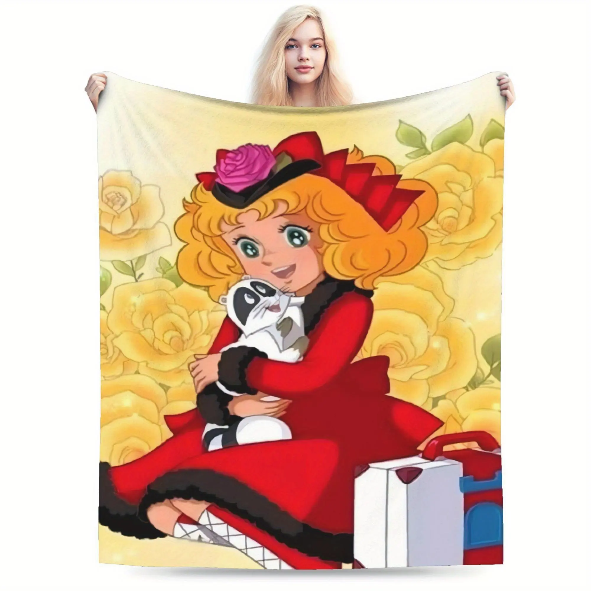 Candy Candy Anime Flannel Throw Blanket Soft Warm All-Season Vibrant Mixed Colors with Roses Characters Cozy for Home Office Camping Perfect Gift for Sports Music Fans Candy Decor Camping Warmth Accessory Whimsical Design Detailed Illustration