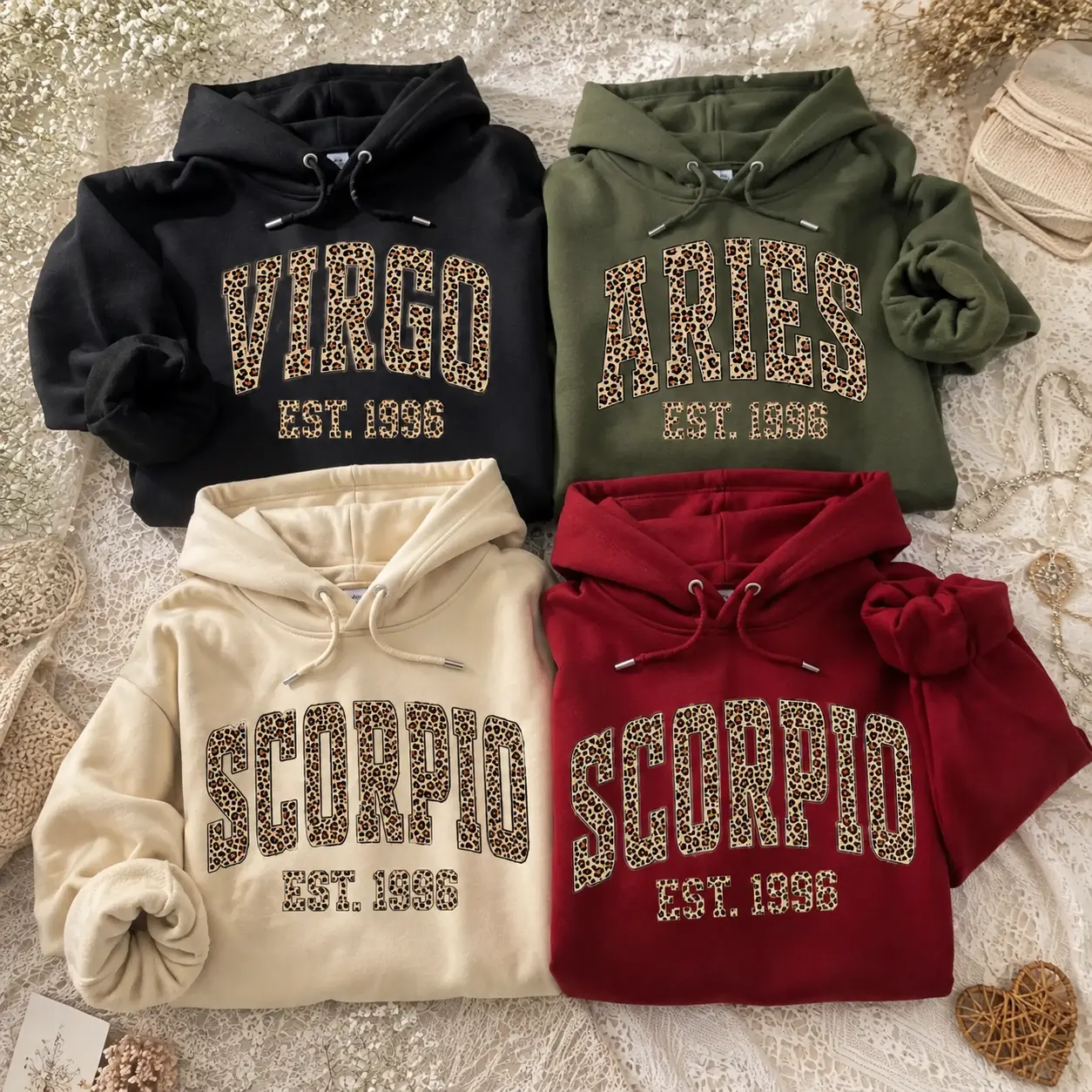 [Custom EST Year or Not EST] Leopard Zodiac Hoodie, Custom EST Year Hoodie, Personalized Astrology Hoodie, Virgo Aries Scorpio Graphic Hoodie, Horoscope Star Sign Pullover, Unisex Celestial Sweatshirt, Birthday Gift for Her or Him - JACKSON HOAI STORE