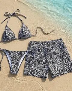 Matching Couple Swimwear Leopard Print, Snow Leopard Bikini and Men’s Swim Trunks Set, Honeymoon Beachwear Outfits, His and Hers Summer Gift