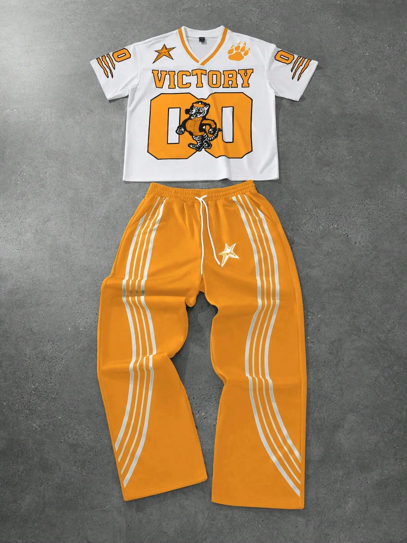 Victory Tiger Set, Colorblock Design, Cartoon Tiger Print, V-Neck Shirt & Striped Wide Leg Pants, Retro Sporty Style, Daily Wear
