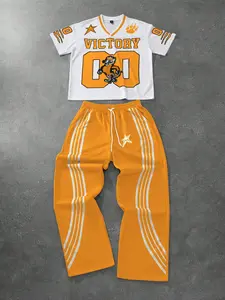 Victory Tiger Set, Colorblock Design, Cartoon Tiger Print, V-Neck Shirt & Striped Wide Leg Pants, Retro Sporty Style, Daily Wear