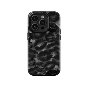 Black Lip Print Kiss Mark Phone Case, 2-in-1 Glossy Thick Case, Heat Sublimation Full Wrap Print, Anti-Yellow Anti-Fade, PBT+TPU Shockproof, Fits iPhone, Dark Aesthetic Y2K Gift, Accessories, Smartphone